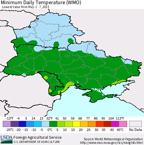 Ukraine, Moldova and Belarus Minimum Daily Temperature (WMO) Thematic Map For 5/1/2023 - 5/7/2023