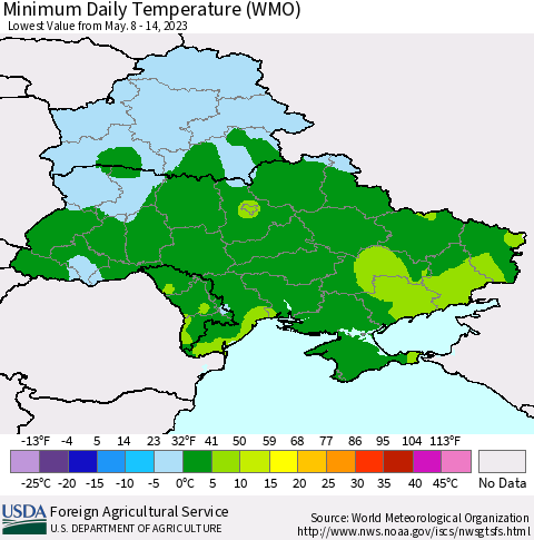 Ukraine, Moldova and Belarus Minimum Daily Temperature (WMO) Thematic Map For 5/8/2023 - 5/14/2023