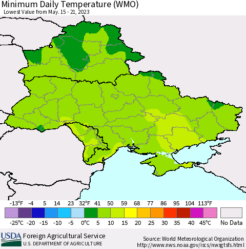 Ukraine, Moldova and Belarus Minimum Daily Temperature (WMO) Thematic Map For 5/15/2023 - 5/21/2023
