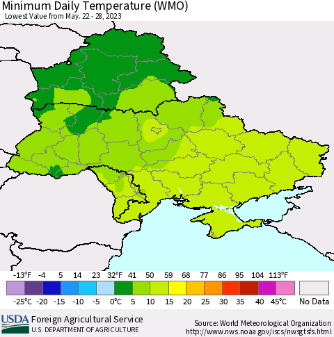 Ukraine, Moldova and Belarus Minimum Daily Temperature (WMO) Thematic Map For 5/22/2023 - 5/28/2023