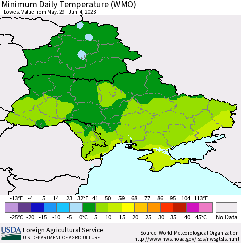 Ukraine, Moldova and Belarus Minimum Daily Temperature (WMO) Thematic Map For 5/29/2023 - 6/4/2023
