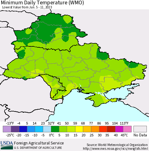 Ukraine, Moldova and Belarus Minimum Daily Temperature (WMO) Thematic Map For 6/5/2023 - 6/11/2023