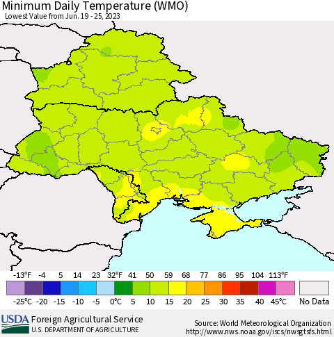 Ukraine, Moldova and Belarus Minimum Daily Temperature (WMO) Thematic Map For 6/19/2023 - 6/25/2023