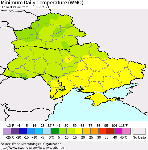 Ukraine, Moldova and Belarus Minimum Daily Temperature (WMO) Thematic Map For 7/3/2023 - 7/9/2023