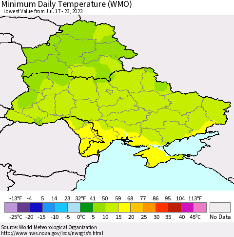 Ukraine, Moldova and Belarus Minimum Daily Temperature (WMO) Thematic Map For 7/17/2023 - 7/23/2023