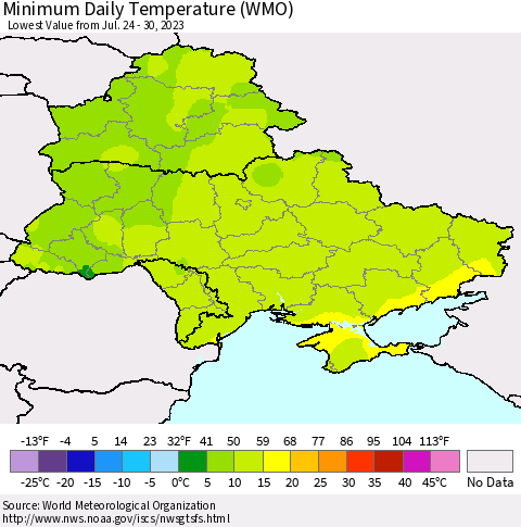 Ukraine, Moldova and Belarus Minimum Daily Temperature (WMO) Thematic Map For 7/24/2023 - 7/30/2023