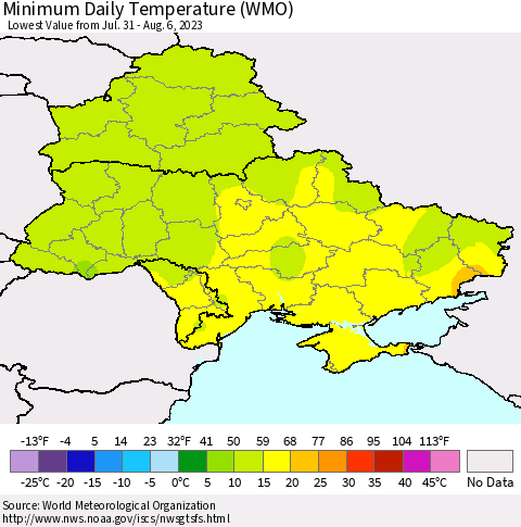 Ukraine, Moldova and Belarus Minimum Daily Temperature (WMO) Thematic Map For 7/31/2023 - 8/6/2023