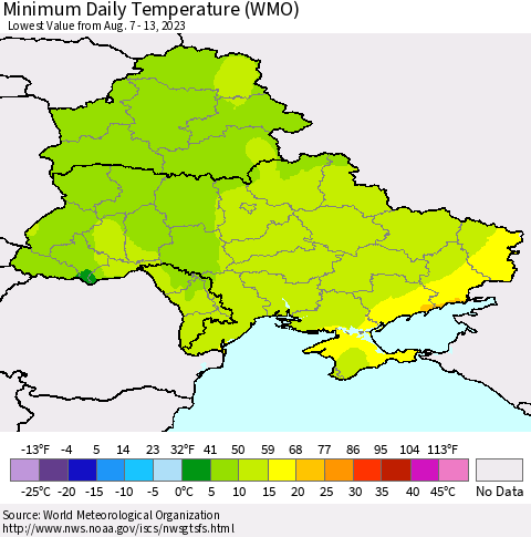 Ukraine, Moldova and Belarus Minimum Daily Temperature (WMO) Thematic Map For 8/7/2023 - 8/13/2023