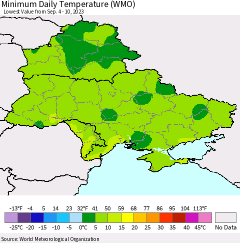 Ukraine, Moldova and Belarus Minimum Daily Temperature (WMO) Thematic Map For 9/4/2023 - 9/10/2023