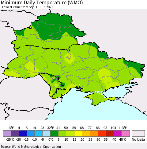 Ukraine, Moldova and Belarus Minimum Daily Temperature (WMO) Thematic Map For 9/11/2023 - 9/17/2023