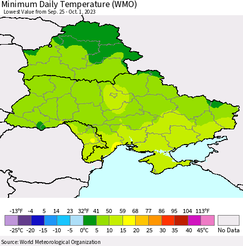 Ukraine, Moldova and Belarus Minimum Daily Temperature (WMO) Thematic Map For 9/25/2023 - 10/1/2023
