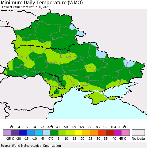 Ukraine, Moldova and Belarus Minimum Daily Temperature (WMO) Thematic Map For 10/2/2023 - 10/8/2023