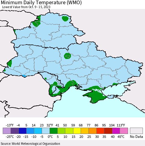 Ukraine, Moldova and Belarus Minimum Daily Temperature (WMO) Thematic Map For 10/9/2023 - 10/15/2023