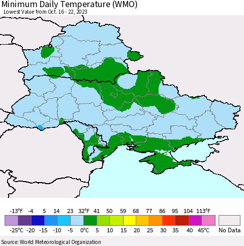 Ukraine, Moldova and Belarus Minimum Daily Temperature (WMO) Thematic Map For 10/16/2023 - 10/22/2023