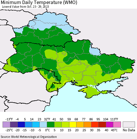 Ukraine, Moldova and Belarus Minimum Daily Temperature (WMO) Thematic Map For 10/23/2023 - 10/29/2023