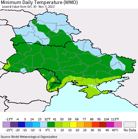 Ukraine, Moldova and Belarus Minimum Daily Temperature (WMO) Thematic Map For 10/30/2023 - 11/5/2023