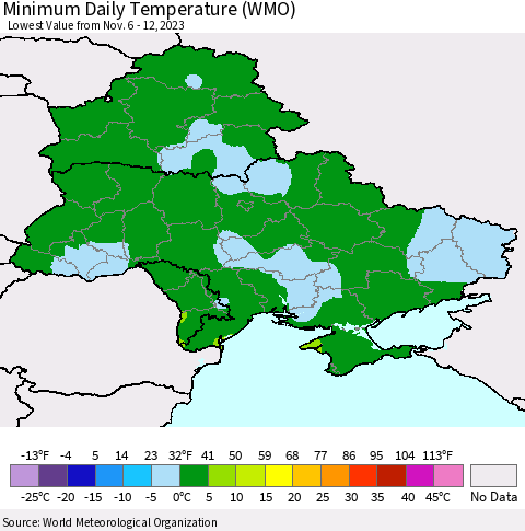 Ukraine, Moldova and Belarus Minimum Daily Temperature (WMO) Thematic Map For 11/6/2023 - 11/12/2023