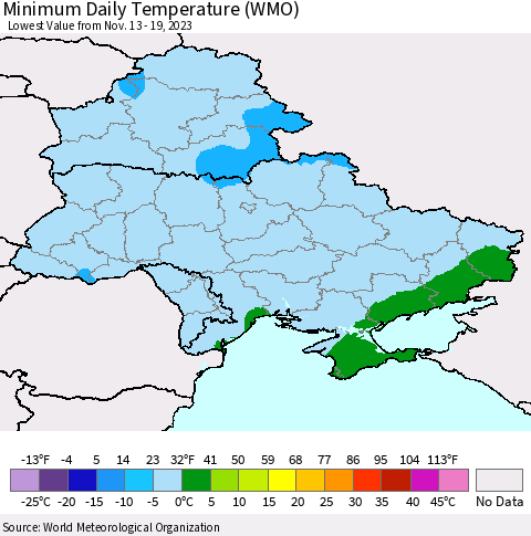 Ukraine, Moldova and Belarus Minimum Daily Temperature (WMO) Thematic Map For 11/13/2023 - 11/19/2023