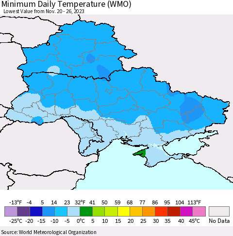 Ukraine, Moldova and Belarus Minimum Daily Temperature (WMO) Thematic Map For 11/20/2023 - 11/26/2023