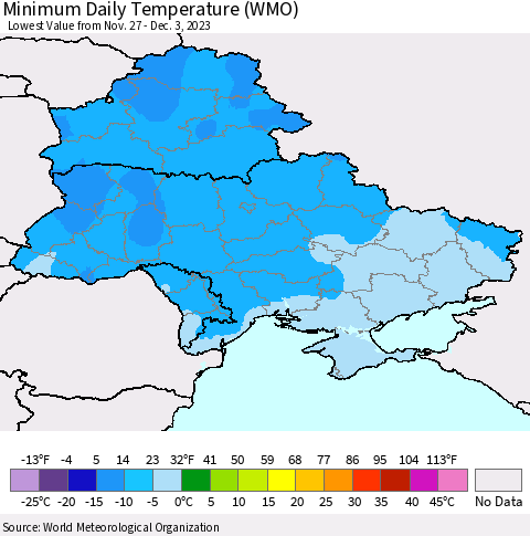 Ukraine, Moldova and Belarus Minimum Daily Temperature (WMO) Thematic Map For 11/27/2023 - 12/3/2023