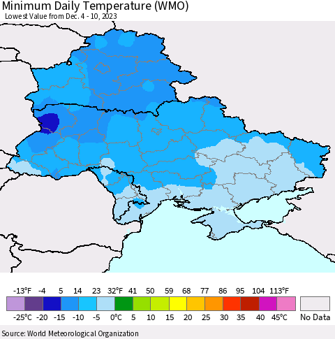 Ukraine, Moldova and Belarus Minimum Daily Temperature (WMO) Thematic Map For 12/4/2023 - 12/10/2023