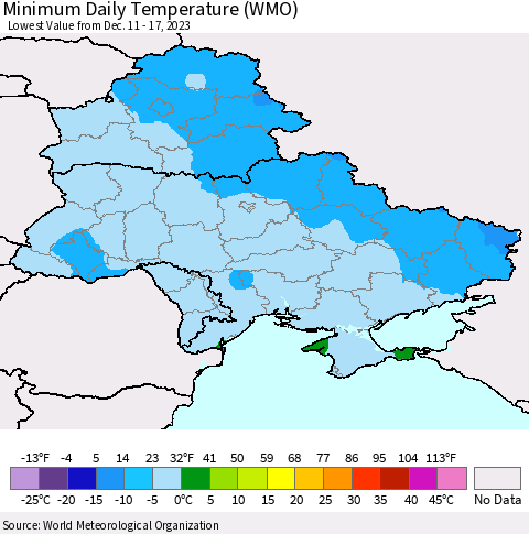 Ukraine, Moldova and Belarus Minimum Daily Temperature (WMO) Thematic Map For 12/11/2023 - 12/17/2023