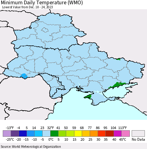 Ukraine, Moldova and Belarus Minimum Daily Temperature (WMO) Thematic Map For 12/18/2023 - 12/24/2023
