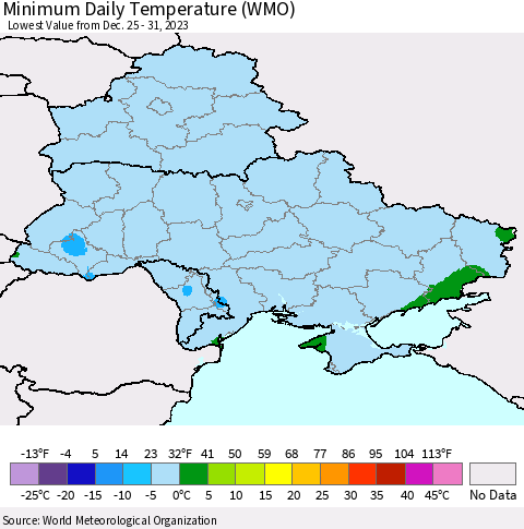 Ukraine, Moldova and Belarus Minimum Daily Temperature (WMO) Thematic Map For 12/25/2023 - 12/31/2023