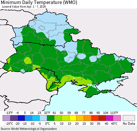 Ukraine, Moldova and Belarus Minimum Daily Temperature (WMO) Thematic Map For 4/1/2024 - 4/7/2024