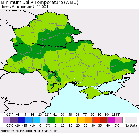 Ukraine, Moldova and Belarus Minimum Daily Temperature (WMO) Thematic Map For 4/8/2024 - 4/14/2024