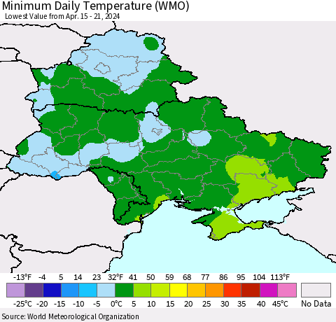Ukraine, Moldova and Belarus Minimum Daily Temperature (WMO) Thematic Map For 4/15/2024 - 4/21/2024