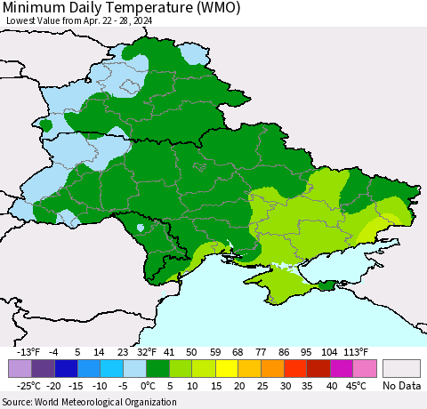 Ukraine, Moldova and Belarus Minimum Daily Temperature (WMO) Thematic Map For 4/22/2024 - 4/28/2024