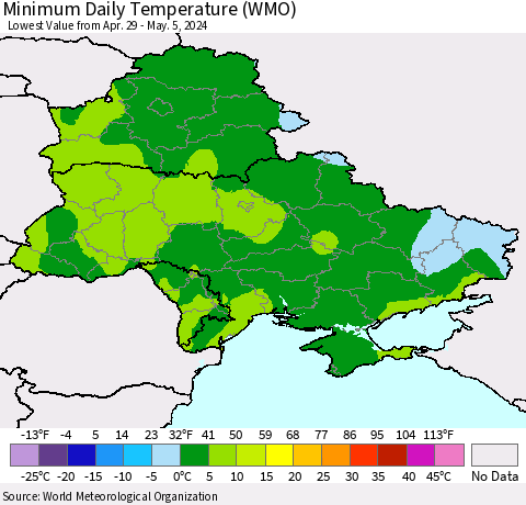 Ukraine, Moldova and Belarus Minimum Daily Temperature (WMO) Thematic Map For 4/29/2024 - 5/5/2024
