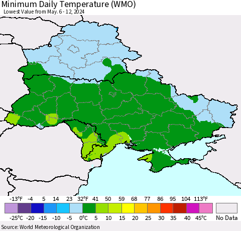 Ukraine, Moldova and Belarus Minimum Daily Temperature (WMO) Thematic Map For 5/6/2024 - 5/12/2024