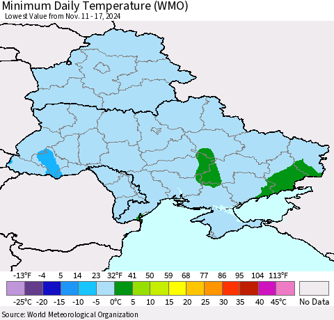 Ukraine, Moldova and Belarus Minimum Daily Temperature (WMO) Thematic Map For 11/11/2024 - 11/17/2024