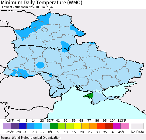 Ukraine, Moldova and Belarus Minimum Daily Temperature (WMO) Thematic Map For 11/18/2024 - 11/24/2024