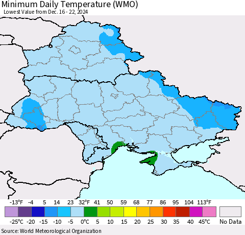 Ukraine, Moldova and Belarus Minimum Daily Temperature (WMO) Thematic Map For 12/16/2024 - 12/22/2024