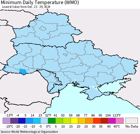 Ukraine, Moldova and Belarus Minimum Daily Temperature (WMO) Thematic Map For 12/23/2024 - 12/29/2024