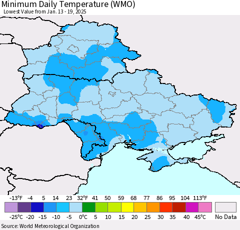 Ukraine, Moldova and Belarus Minimum Daily Temperature (WMO) Thematic Map For 1/13/2025 - 1/19/2025