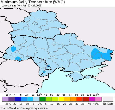 Ukraine, Moldova and Belarus Minimum Daily Temperature (WMO) Thematic Map For 1/20/2025 - 1/26/2025