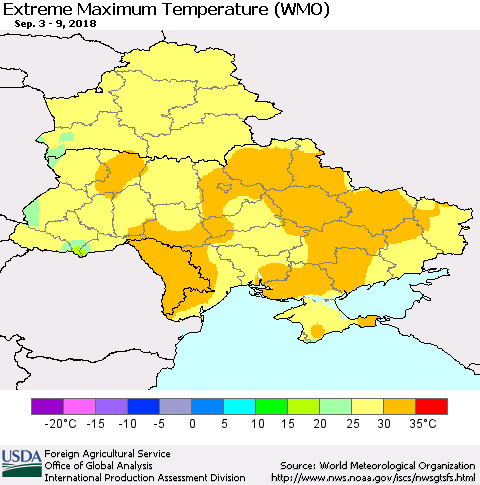 Ukraine, Moldova and Belarus Maximum Daily Temperature (WMO) Thematic Map For 9/3/2018 - 9/9/2018