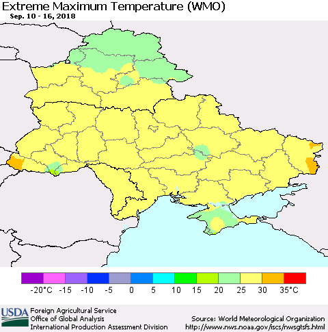Ukraine, Moldova and Belarus Extreme Maximum Temperature (WMO) Thematic Map For 9/10/2018 - 9/16/2018