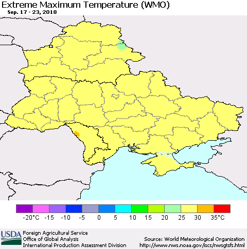Ukraine, Moldova and Belarus Extreme Maximum Temperature (WMO) Thematic Map For 9/17/2018 - 9/23/2018