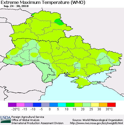 Ukraine, Moldova and Belarus Maximum Daily Temperature (WMO) Thematic Map For 9/24/2018 - 9/30/2018