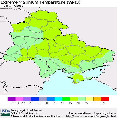 Ukraine, Moldova and Belarus Maximum Daily Temperature (WMO) Thematic Map For 10/1/2018 - 10/7/2018