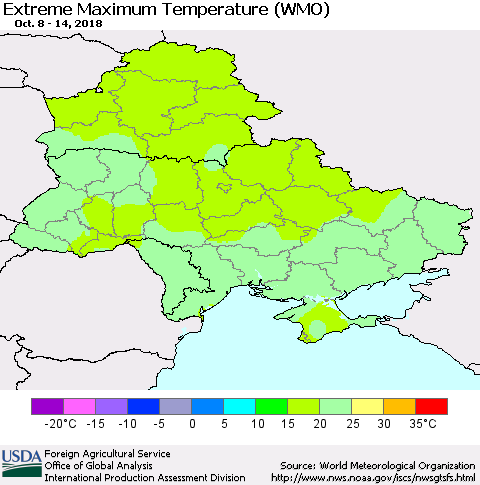 Ukraine, Moldova and Belarus Extreme Maximum Temperature (WMO) Thematic Map For 10/8/2018 - 10/14/2018