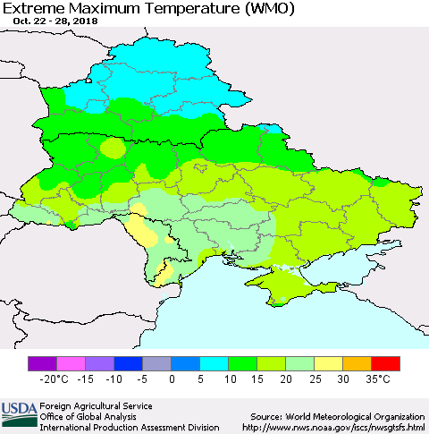 Ukraine, Moldova and Belarus Extreme Maximum Temperature (WMO) Thematic Map For 10/22/2018 - 10/28/2018