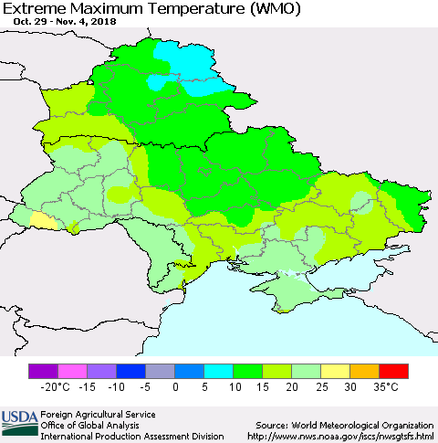 Ukraine, Moldova and Belarus Extreme Maximum Temperature (WMO) Thematic Map For 10/29/2018 - 11/4/2018