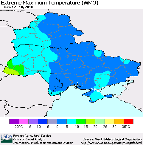 Ukraine, Moldova and Belarus Extreme Maximum Temperature (WMO) Thematic Map For 11/12/2018 - 11/18/2018