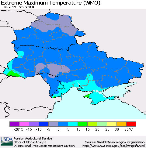 Ukraine, Moldova and Belarus Extreme Maximum Temperature (WMO) Thematic Map For 11/19/2018 - 11/25/2018